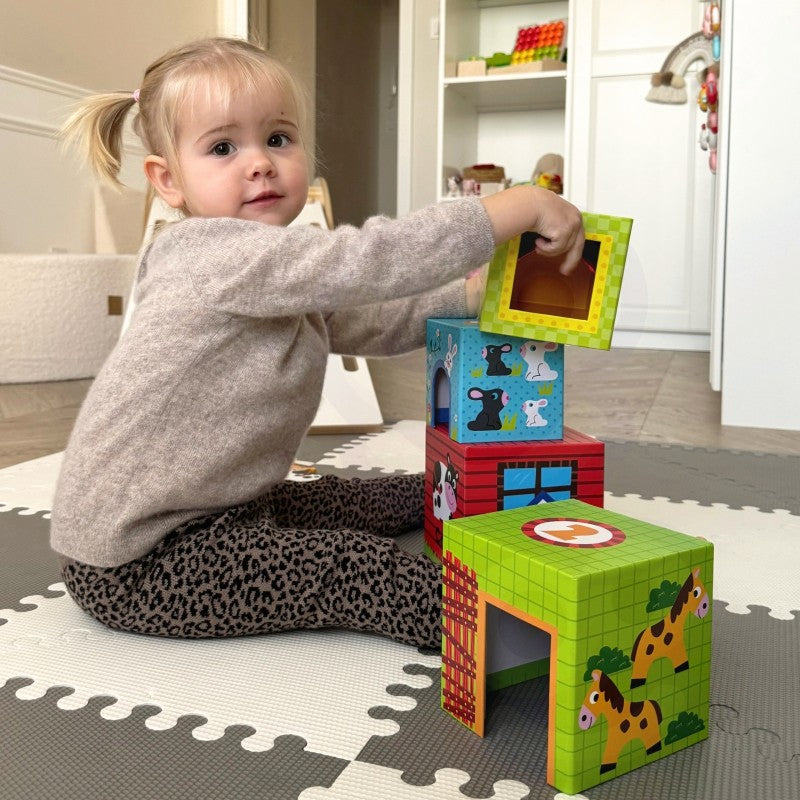Puzzel boerderij – 5 kubussen met houten dierenfiguren – afbeelding 10