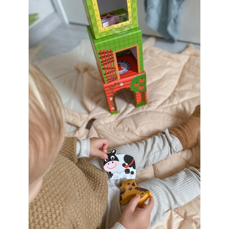 Puzzel boerderij – 5 kubussen met houten dierenfiguren – afbeelding 12