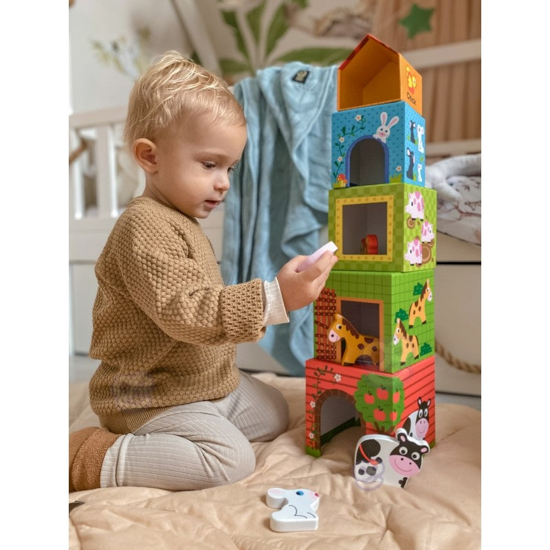 Puzzel boerderij – 5 kubussen met houten dierenfiguren – afbeelding 13