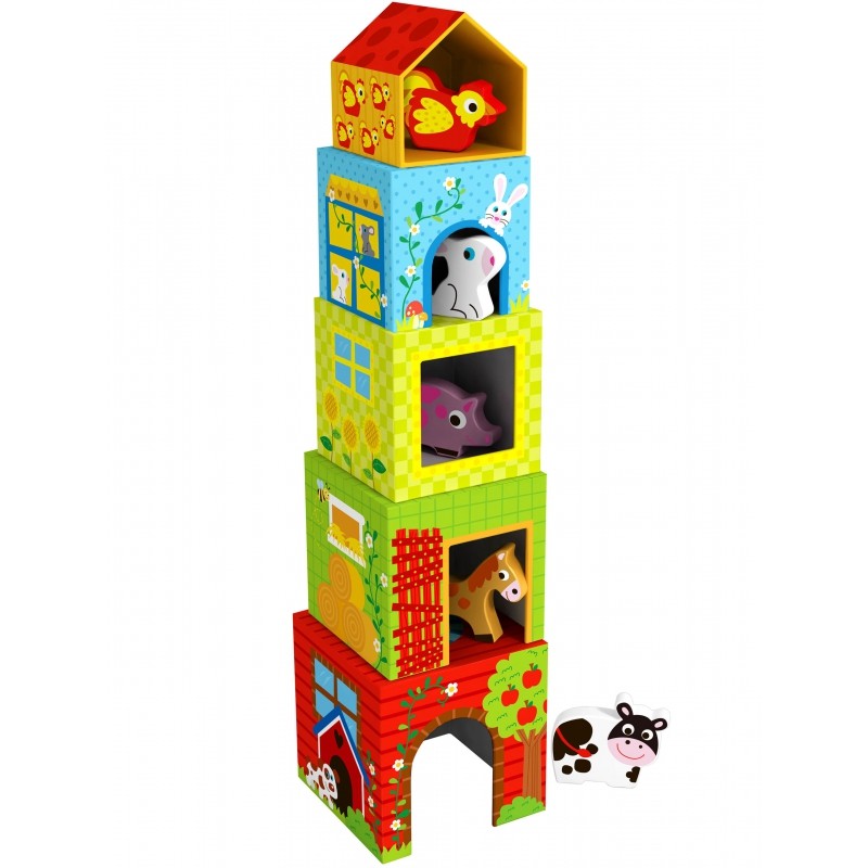 Puzzel boerderij – 5 kubussen met houten dierenfiguren – afbeelding 3