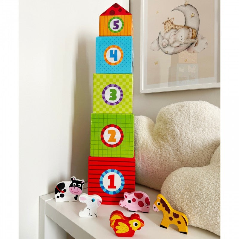 Puzzel boerderij – 5 kubussen met houten dierenfiguren – afbeelding 5