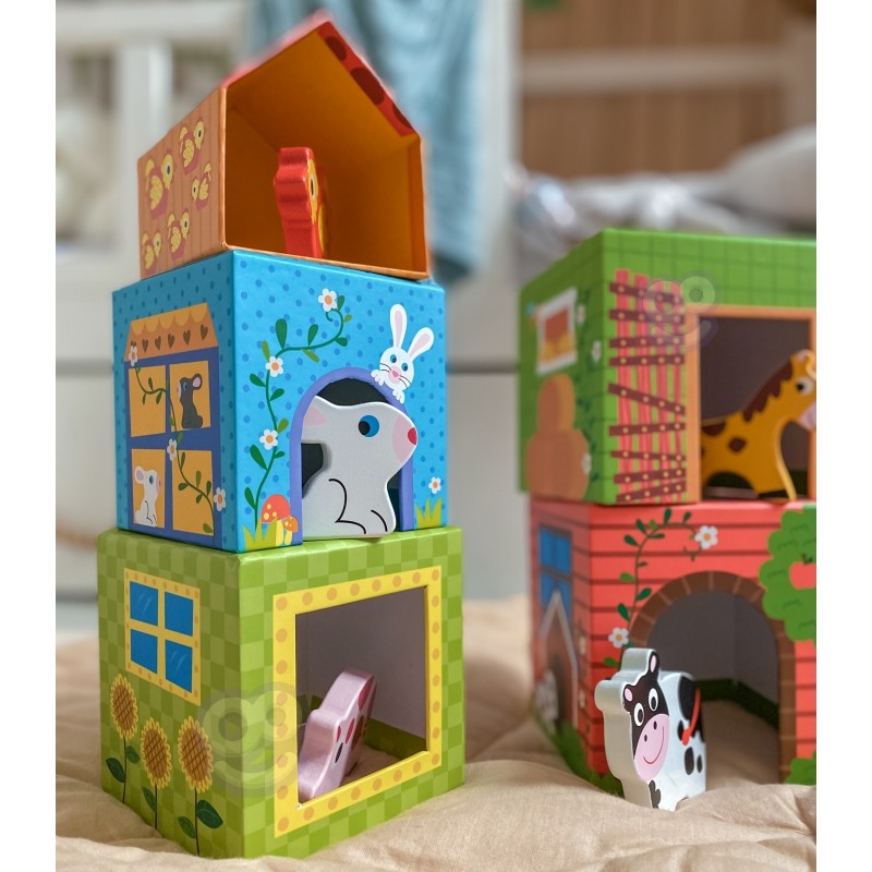 Puzzel boerderij – 5 kubussen met houten dierenfiguren – afbeelding 8