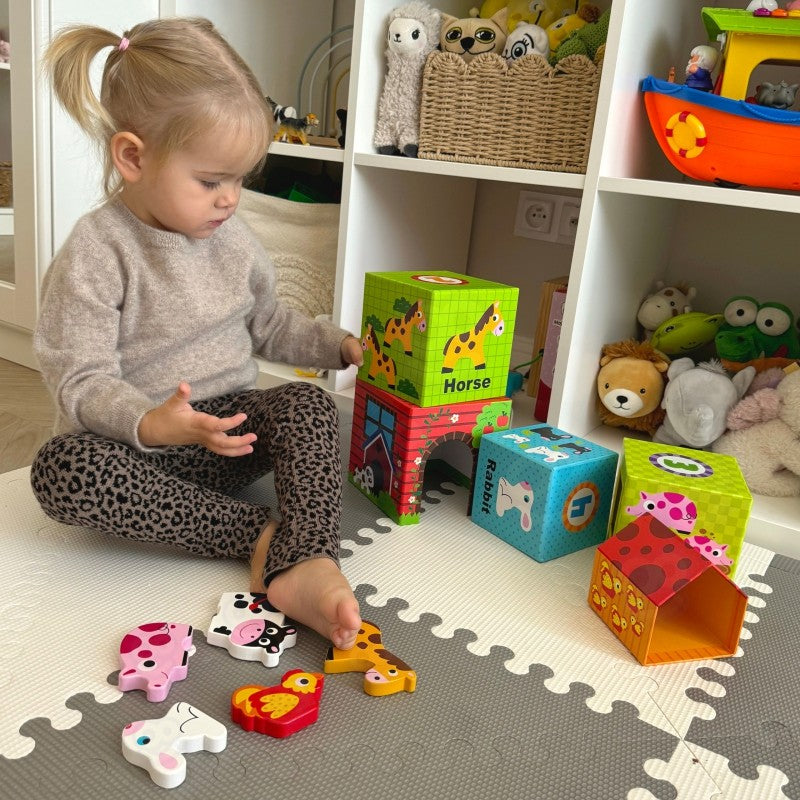 Puzzel boerderij – 5 kubussen met houten dierenfiguren – afbeelding 9