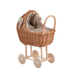 Rieten poppenwagen Lena met beige beddengoed