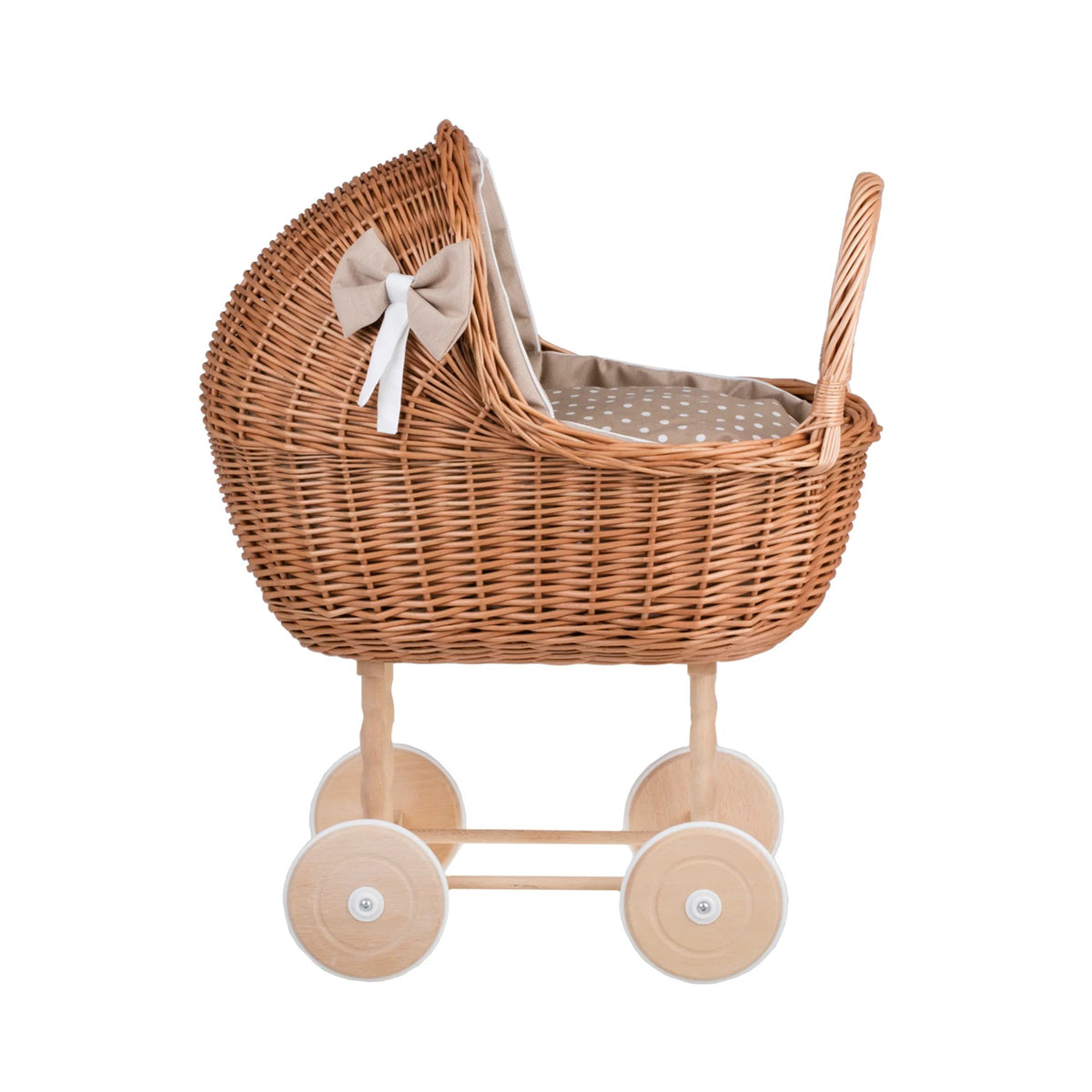 Rieten poppenwagen Lena met beige beddengoed – afbeelding 3