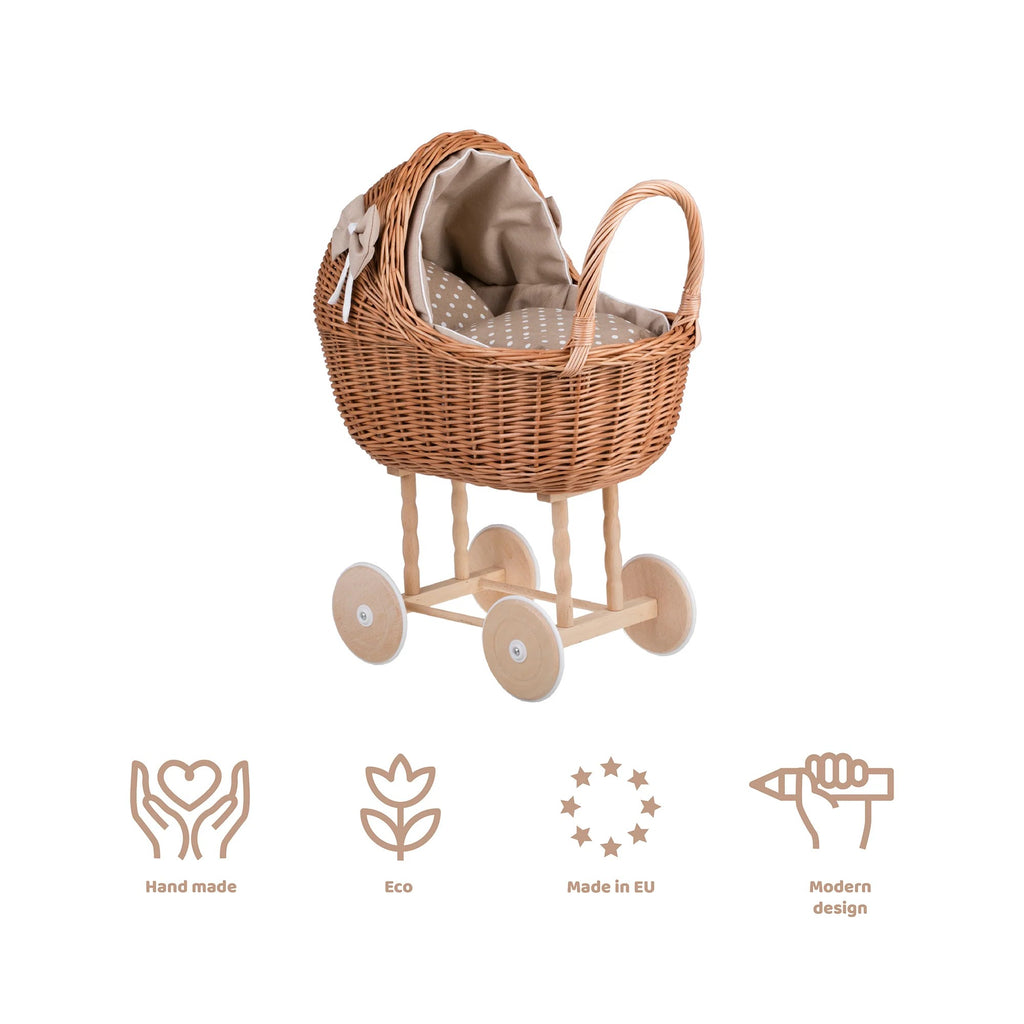 Rieten poppenwagen Lena met beige beddengoed – afbeelding 5