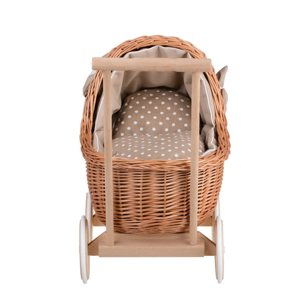 Rieten poppenwagen Lili met beige beddengoed – afbeelding 4