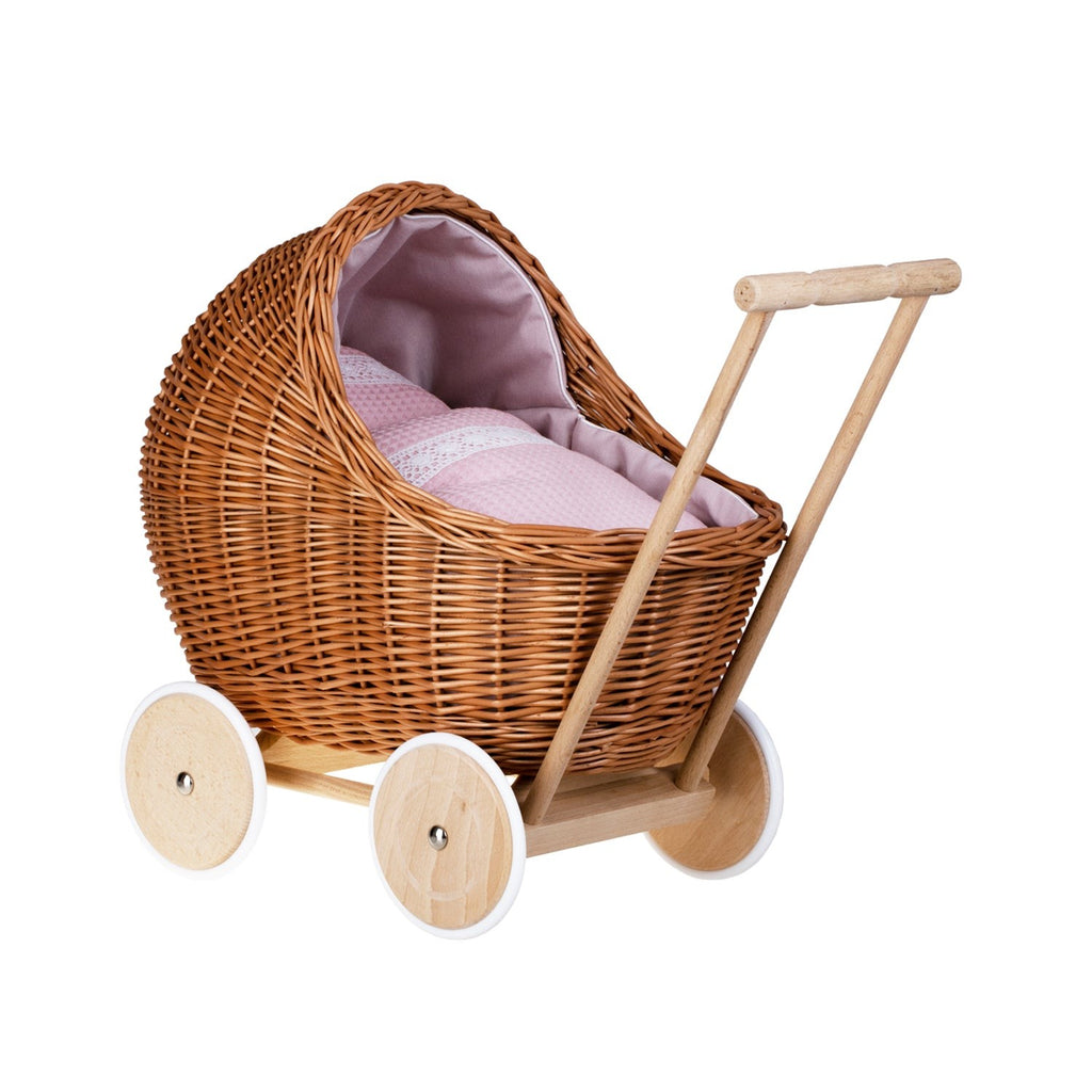 Rieten poppenwagen Lili met lichtroze beddengoed