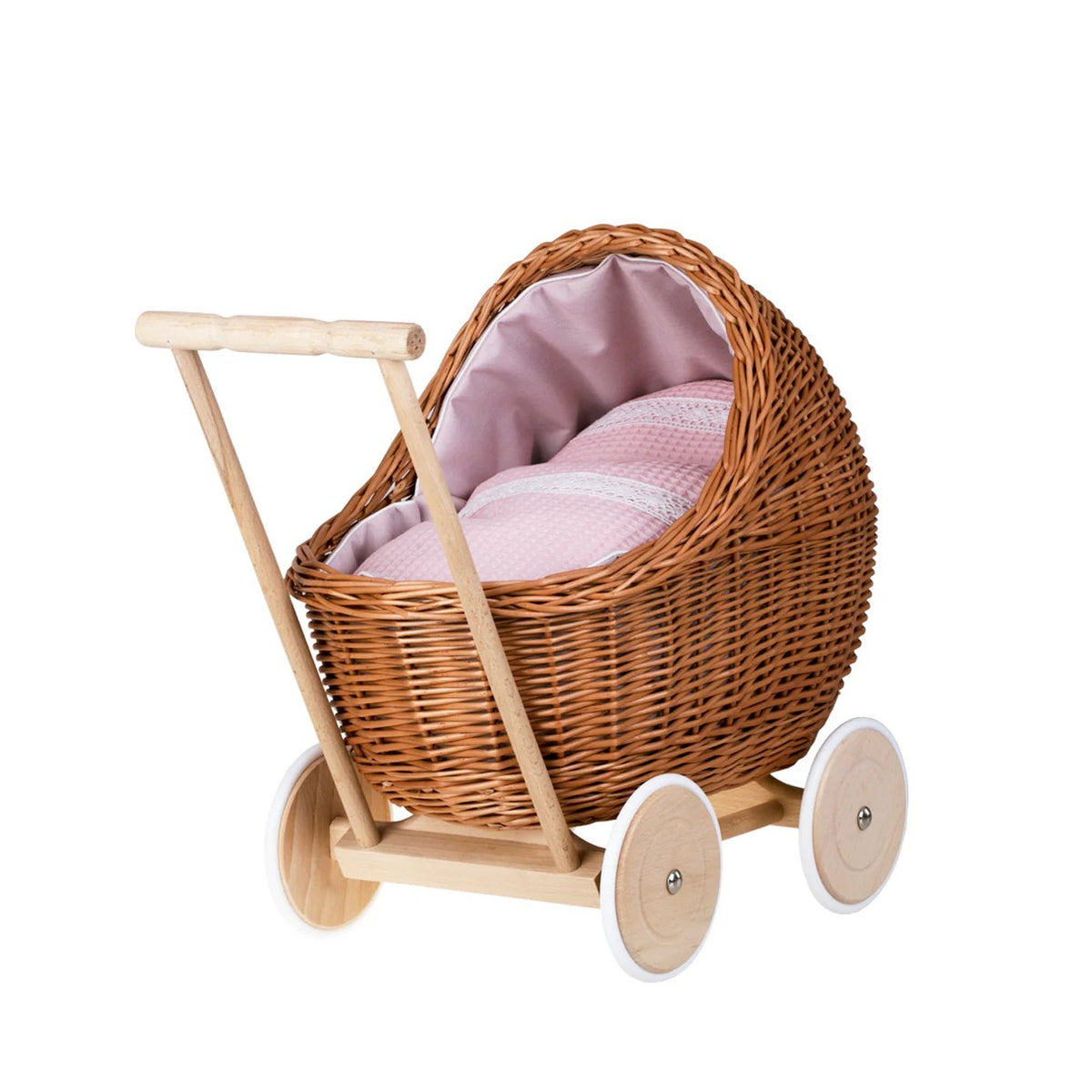 Rieten poppenwagen Lili met lichtroze beddengoed – afbeelding 2