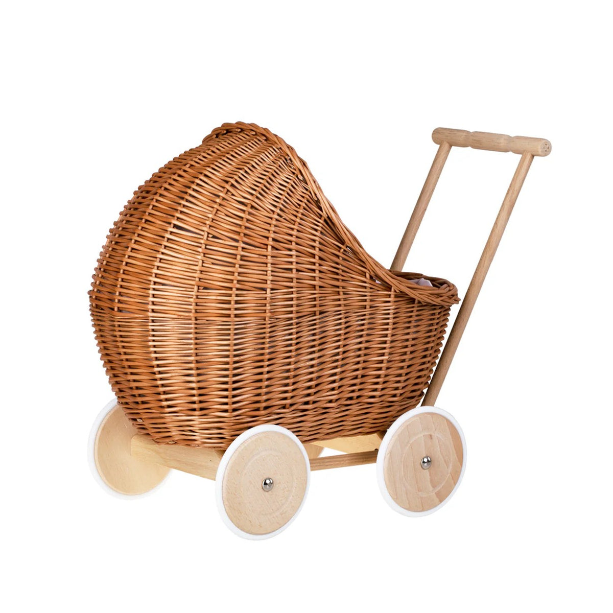 Rieten poppenwagen Lili met lichtroze beddengoed – afbeelding 4