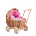 Rieten poppenwagen Lili met roze beddengoed en strikjes