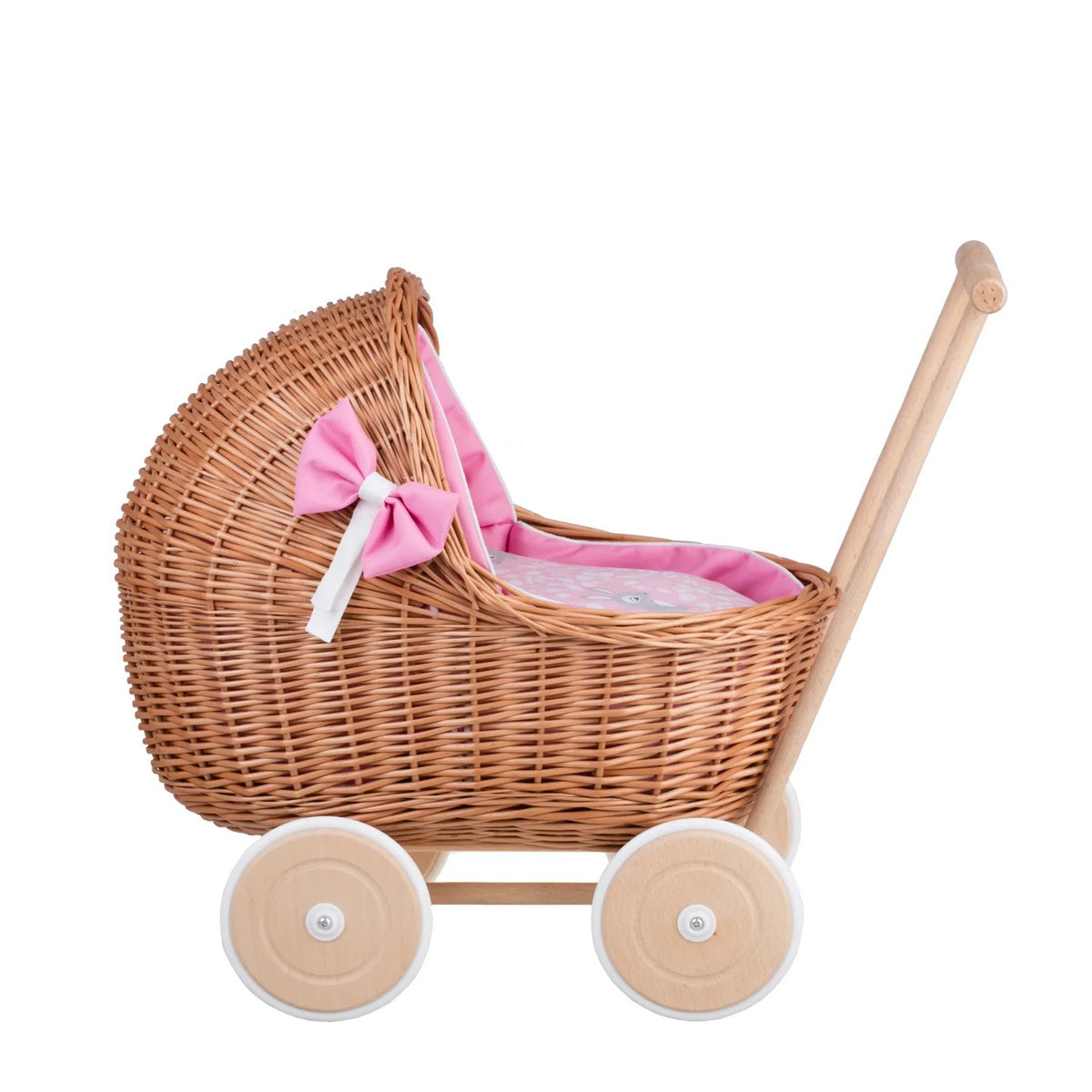 Rieten poppenwagen Lili met roze beddengoed en strikjes – afbeelding 2