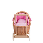 Rieten poppenwagen Lili met roze beddengoed en strikjes – afbeelding 3