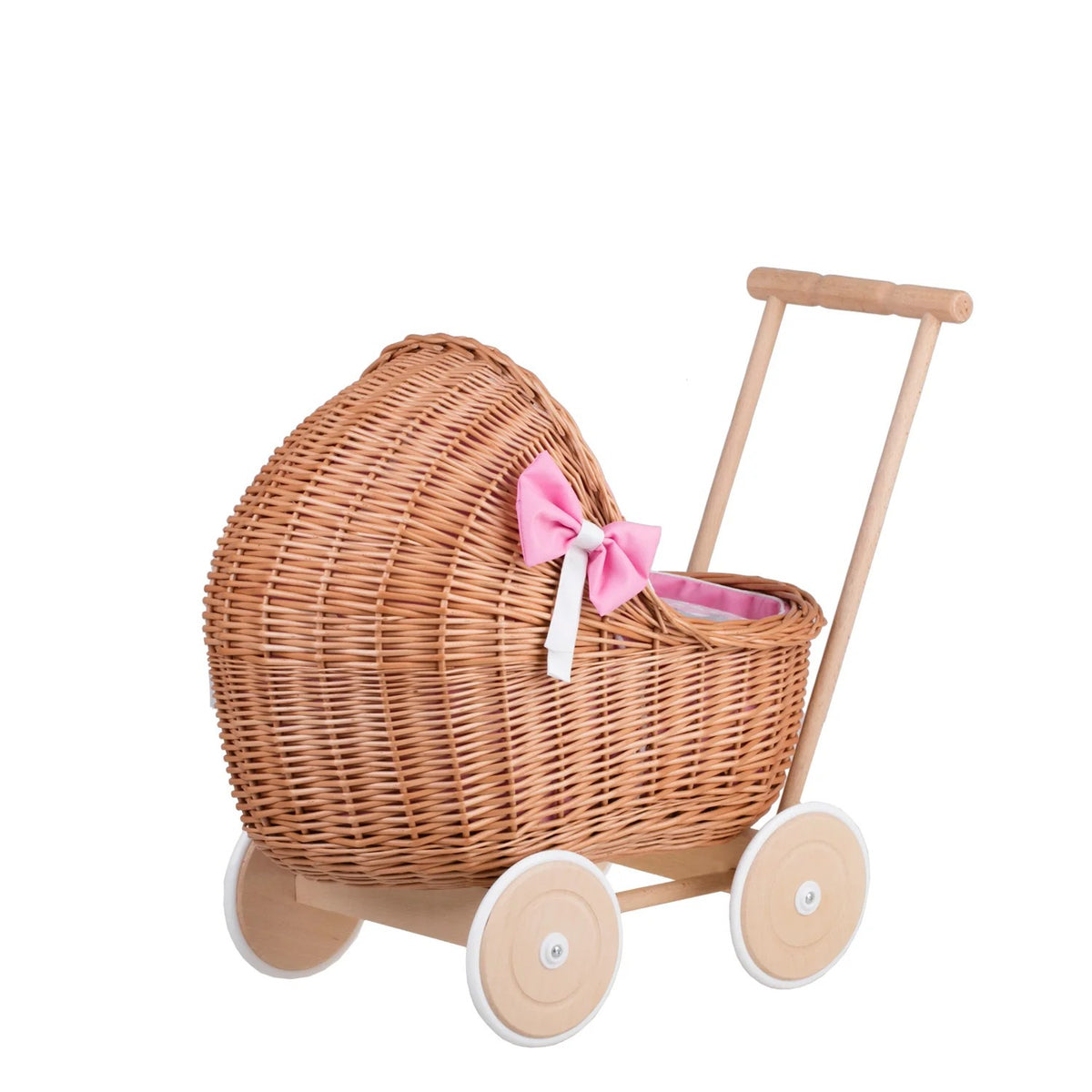 Rieten poppenwagen Lili met roze beddengoed en strikjes – afbeelding 4