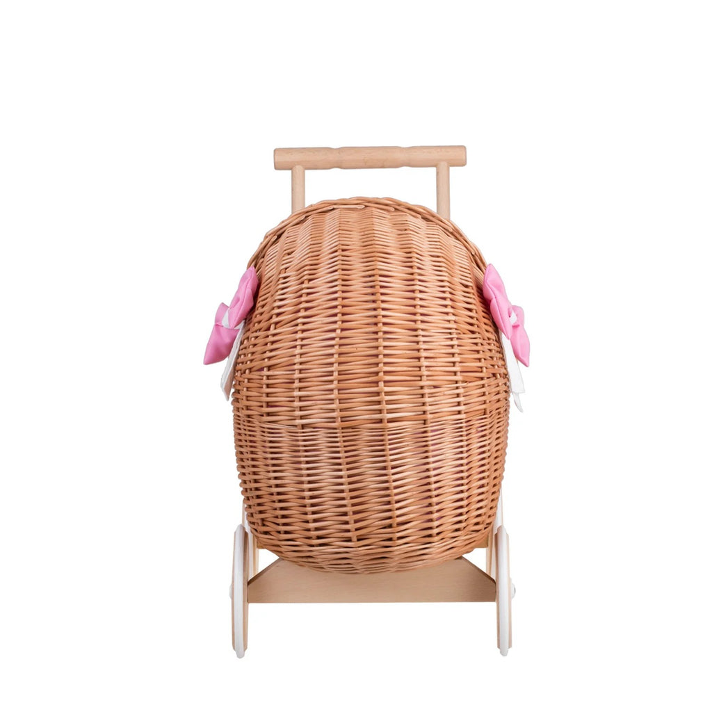 Rieten poppenwagen Lili met roze beddengoed en strikjes – afbeelding 5