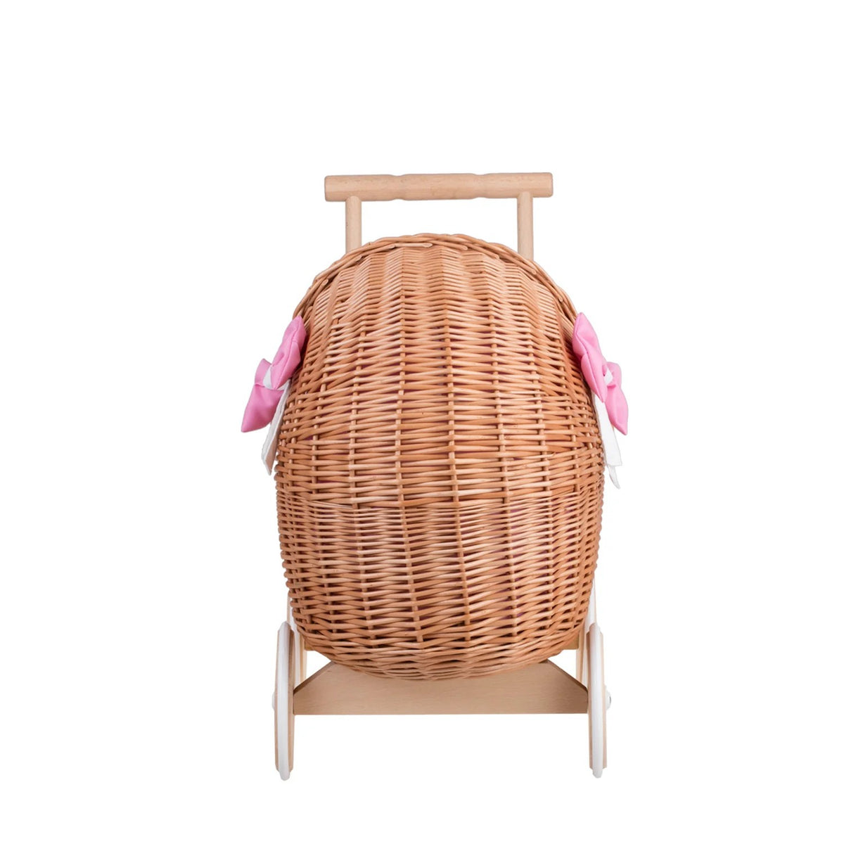 Rieten poppenwagen Lili met roze beddengoed en strikjes – afbeelding 5