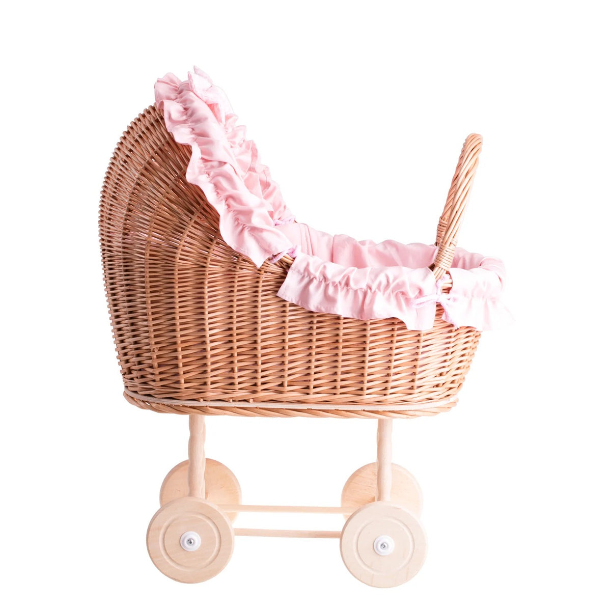 Rieten poppenwagen Lulu met roze ruches
