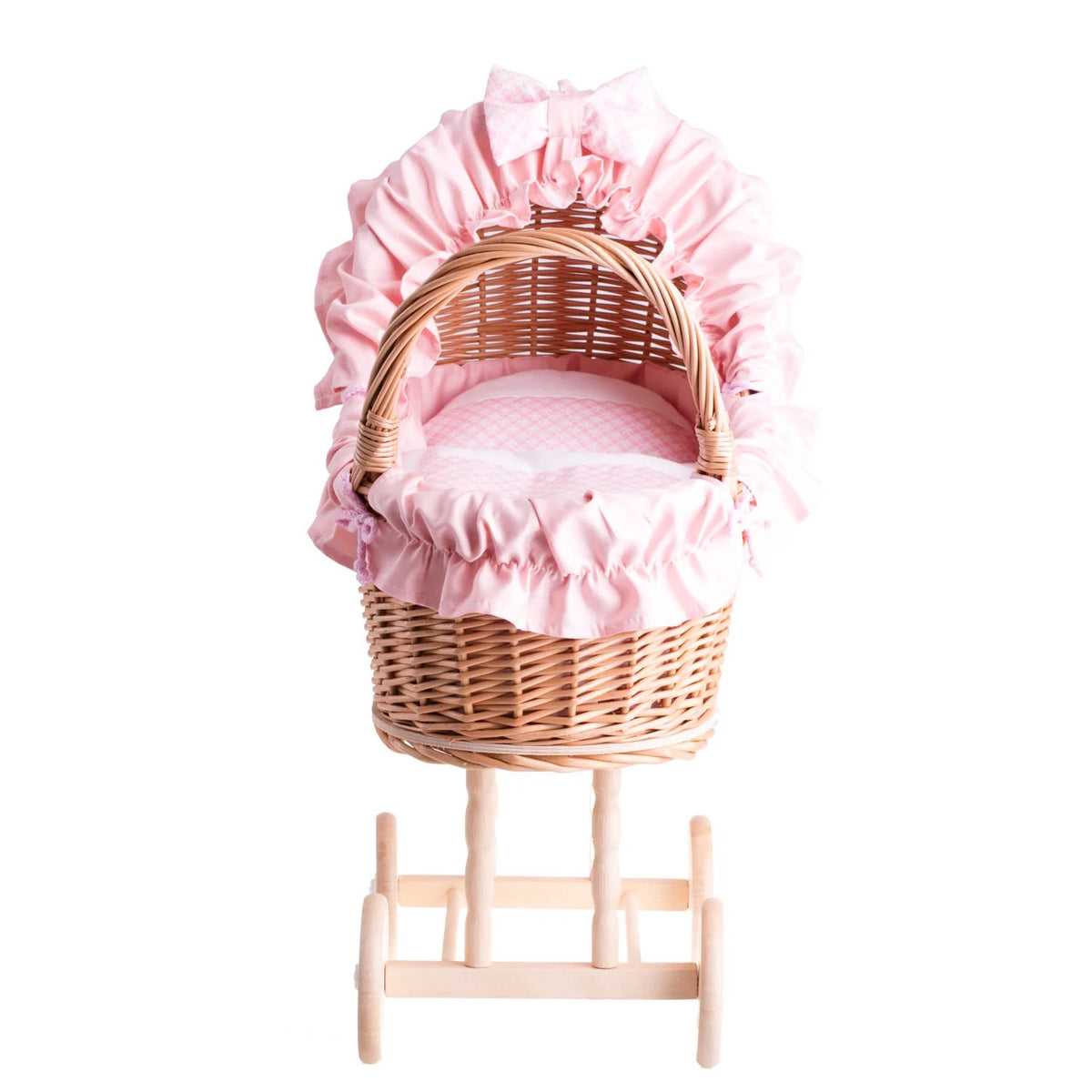 Rieten poppenwagen Lulu met roze ruches – afbeelding 2