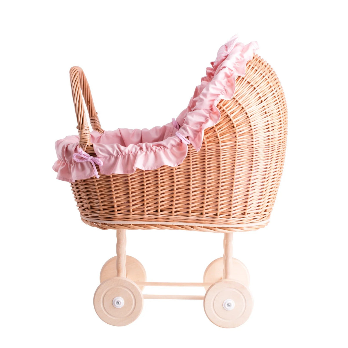 Rieten poppenwagen Lulu met roze ruches – afbeelding 3