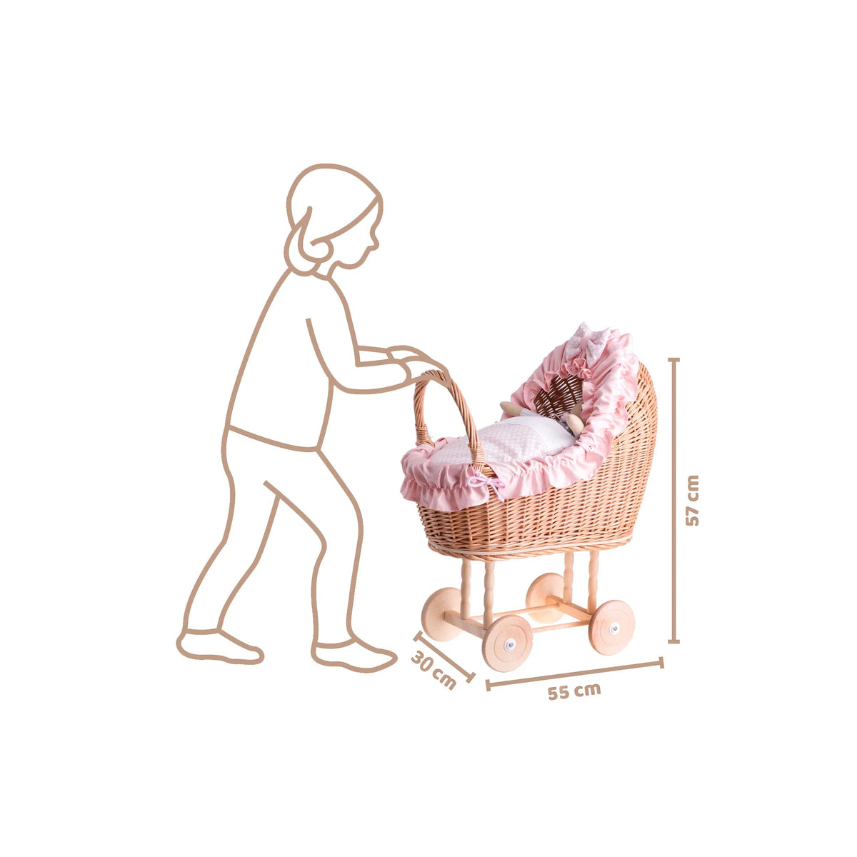 Rieten poppenwagen Lulu met roze ruches – afbeelding 6