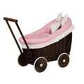 Rieten poppenwagen Luna donker met roze beddengoed