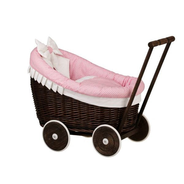 Rieten poppenwagen Luna donker met roze beddengoed – afbeelding 10