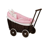 Rieten poppenwagen Luna donker met roze beddengoed – afbeelding 10
