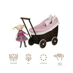 Rieten poppenwagen Luna donker met roze beddengoed – afbeelding 11