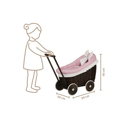 Rieten poppenwagen Luna donker met roze beddengoed – afbeelding 12
