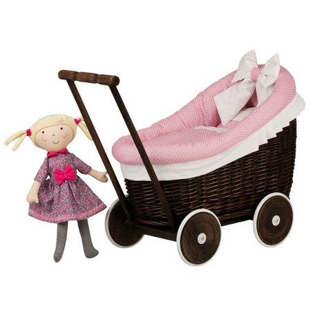 Rieten poppenwagen Luna donker met roze beddengoed – afbeelding 2