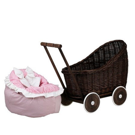 Rieten poppenwagen Luna donker met roze beddengoed – afbeelding 3