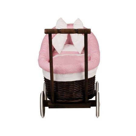 Rieten poppenwagen Luna donker met roze beddengoed – afbeelding 4