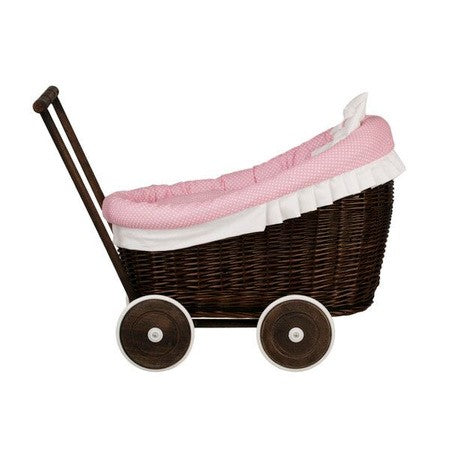 Rieten poppenwagen Luna donker met roze beddengoed – afbeelding 5