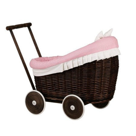 Rieten poppenwagen Luna donker met roze beddengoed – afbeelding 6