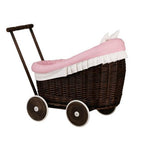 Rieten poppenwagen Luna donker met roze beddengoed – afbeelding 6