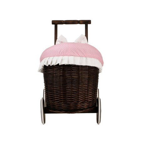 Rieten poppenwagen Luna donker met roze beddengoed – afbeelding 7