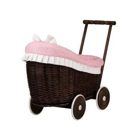 Rieten poppenwagen Luna donker met roze beddengoed – afbeelding 8
