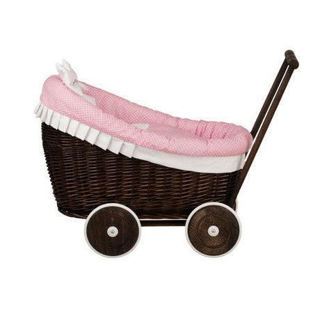 Rieten poppenwagen Luna donker met roze beddengoed – afbeelding 9
