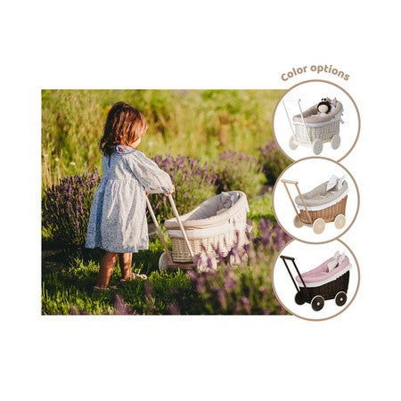 Rieten poppenwagen Luna naturel met beige beddengoed – afbeelding 11