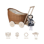 Rieten poppenwagen Luna naturel met beige beddengoed – afbeelding 12