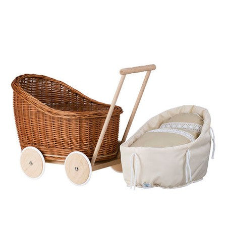 Rieten poppenwagen Luna naturel met beige beddengoed – afbeelding 3