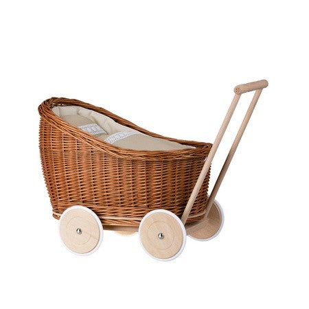 Rieten poppenwagen Luna naturel met beige beddengoed – afbeelding 4