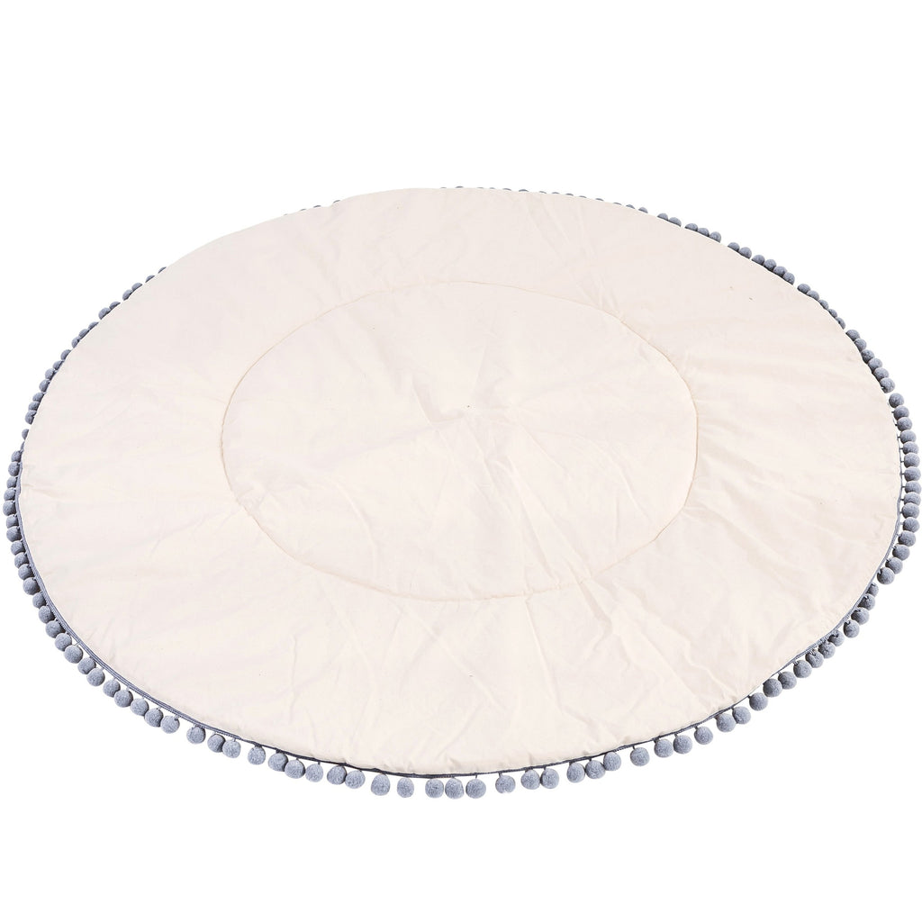Rond speelkleed ecru met grijze pompons