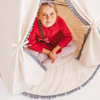 Rond speelkleed ecru met grijze pompons – afbeelding 3