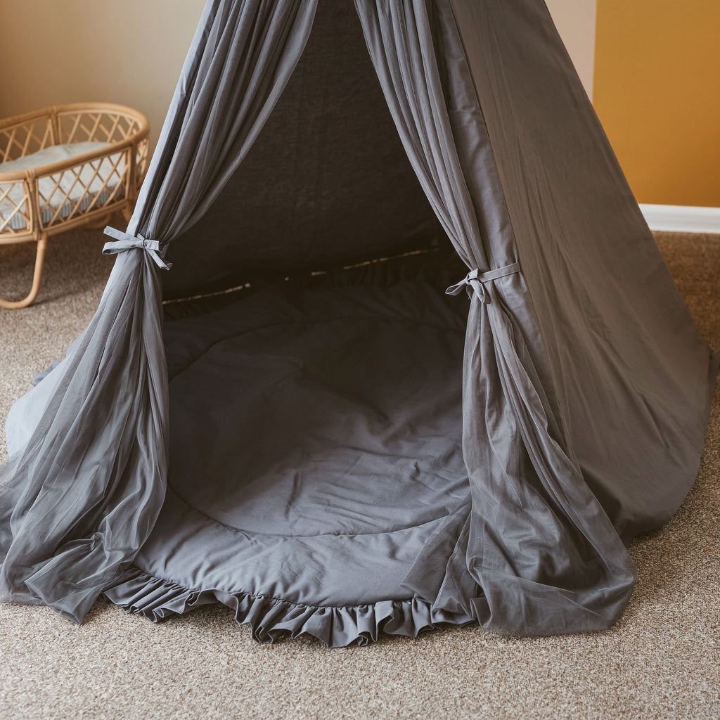 Rond speelkleed grijs met ruches – afbeelding 3