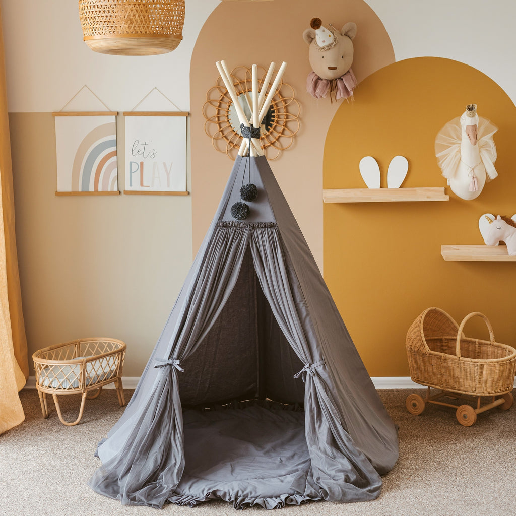 Rond speelkleed grijs met ruches – afbeelding 4