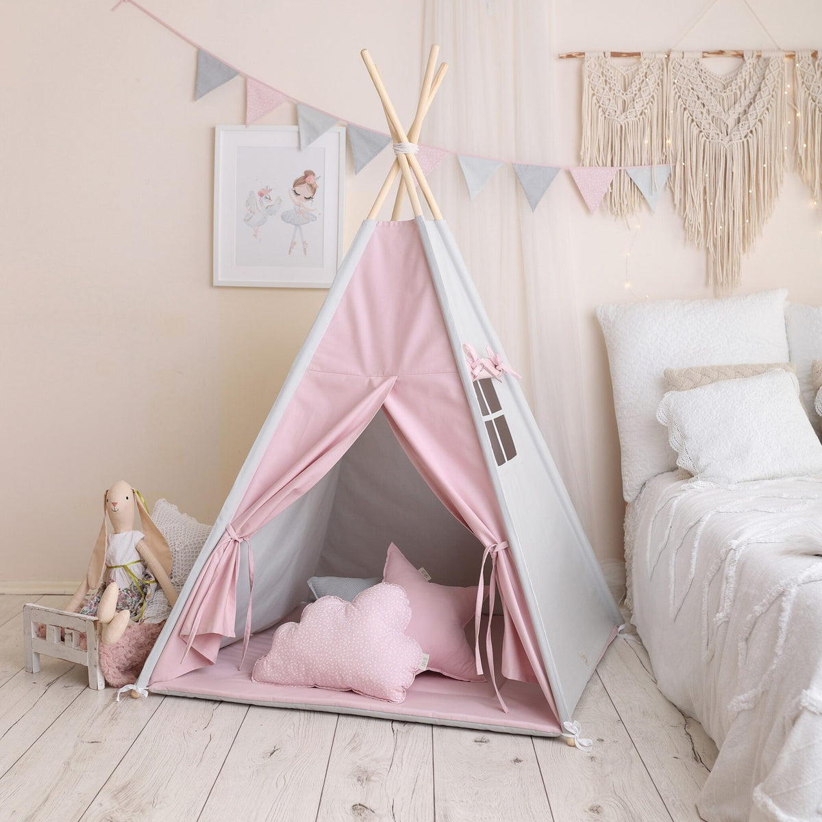 Roze tipi tent kind met grijs – afbeelding 2