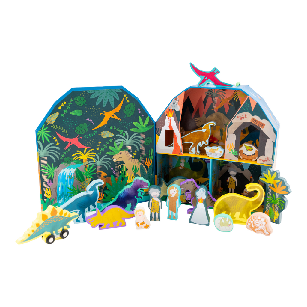 Speeldoos dinosaurus met 18 houten figuren