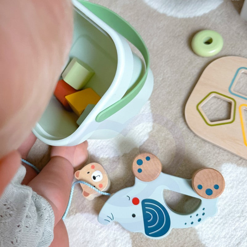 Speelgoedbox 3-in-1 – vormenstoof, stapeltoren en trekolifant – afbeelding 11