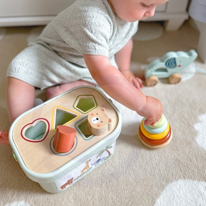 Speelgoedbox 3-in-1 – vormenstoof, stapeltoren en trekolifant – afbeelding 13